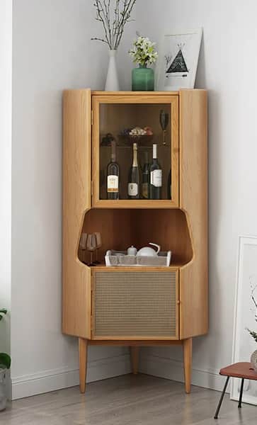 Natural Corner Cabinet 2-Door Bar Cabinet with Hutch & Shelf Rattan Woven